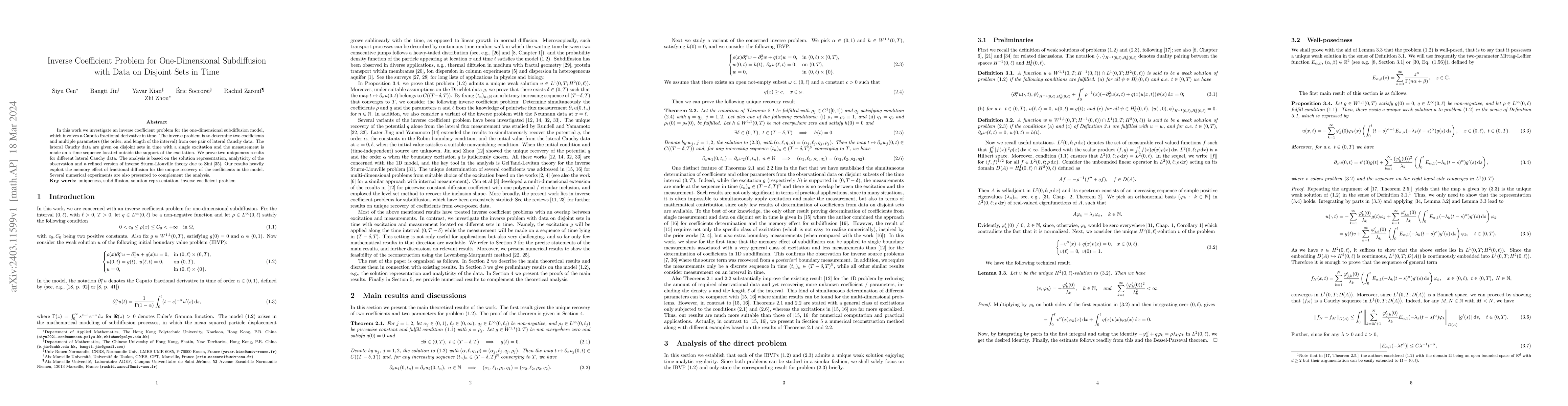 Thumbnail for Inverse Coefficient Problem for One-Dimensional Subdiffusion with Data
  on Disjoint Sets in Time