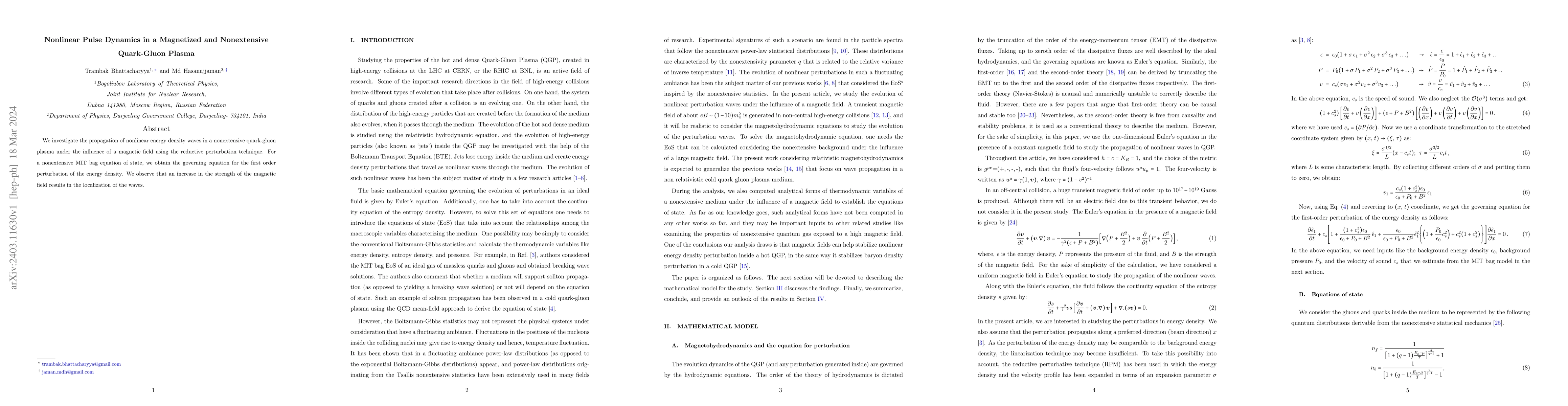 Thumbnail for Nonlinear Pulse Dynamics in a Magnetized and Nonextensive Quark-Gluon
  Plasma