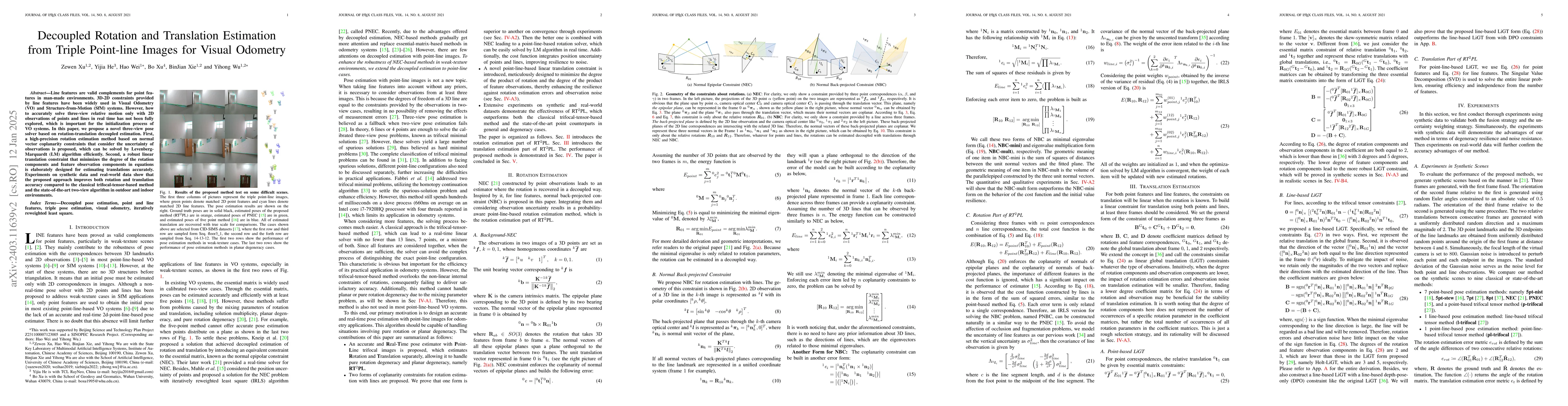 Thumbnail for An Accurate and Real-time Relative Pose Estimation from Triple
  Point-line Images by Decoupling Rotation and Translation