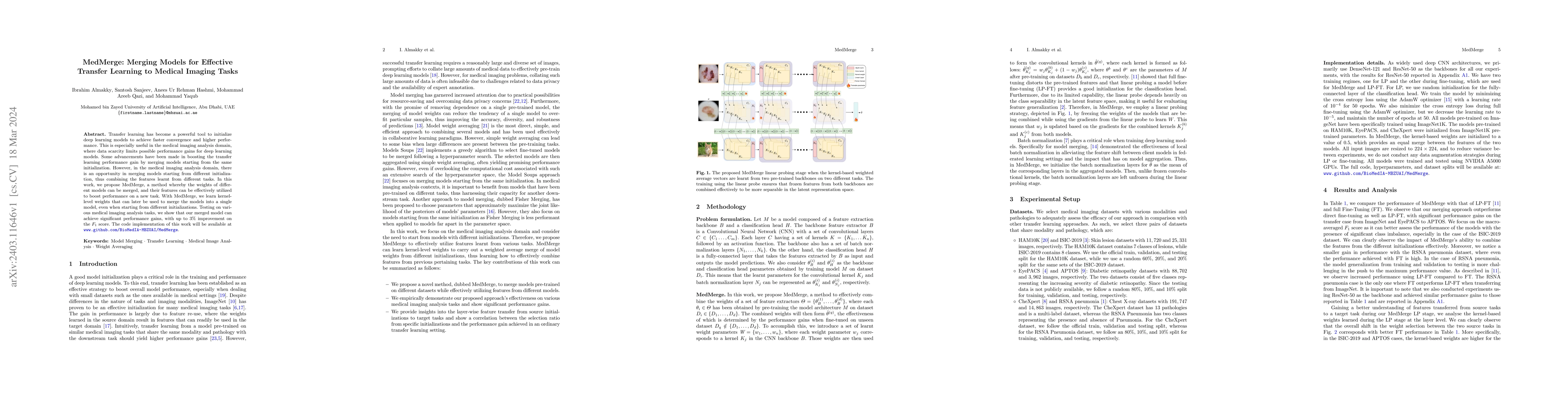 Thumbnail for MedMerge: Merging Models for Effective Transfer Learning to Medical
  Imaging Tasks
