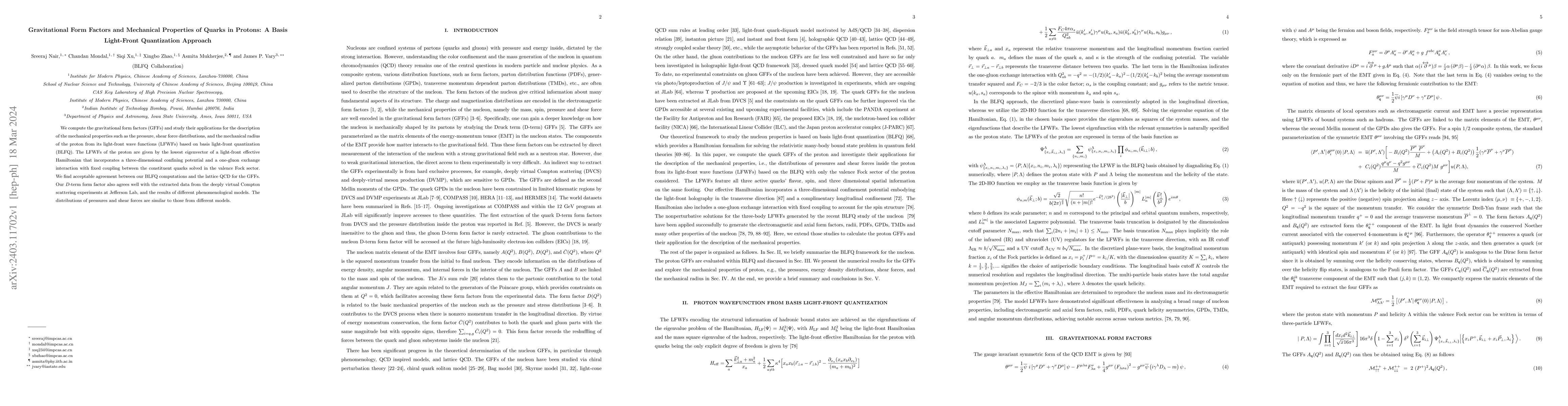 Thumbnail for Gravitational Form Factors and Mechanical Properties of Quarks in
  Protons: A Basis Light-Front Quantization Approach