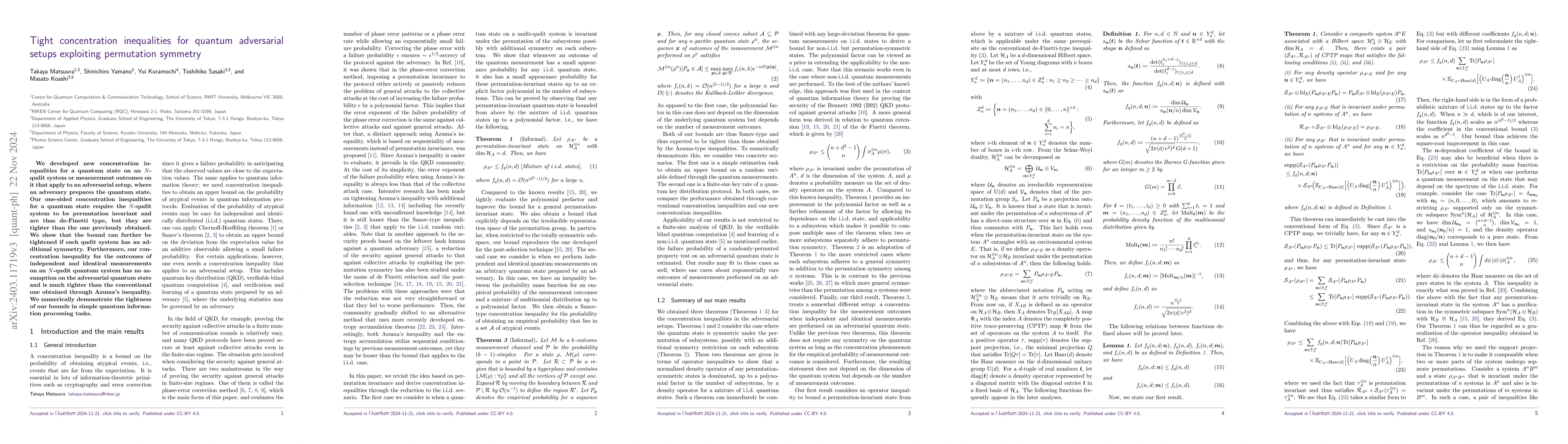 Thumbnail for Tight concentration inequalities for quantum adversarial setups
  exploiting permutation symmetry