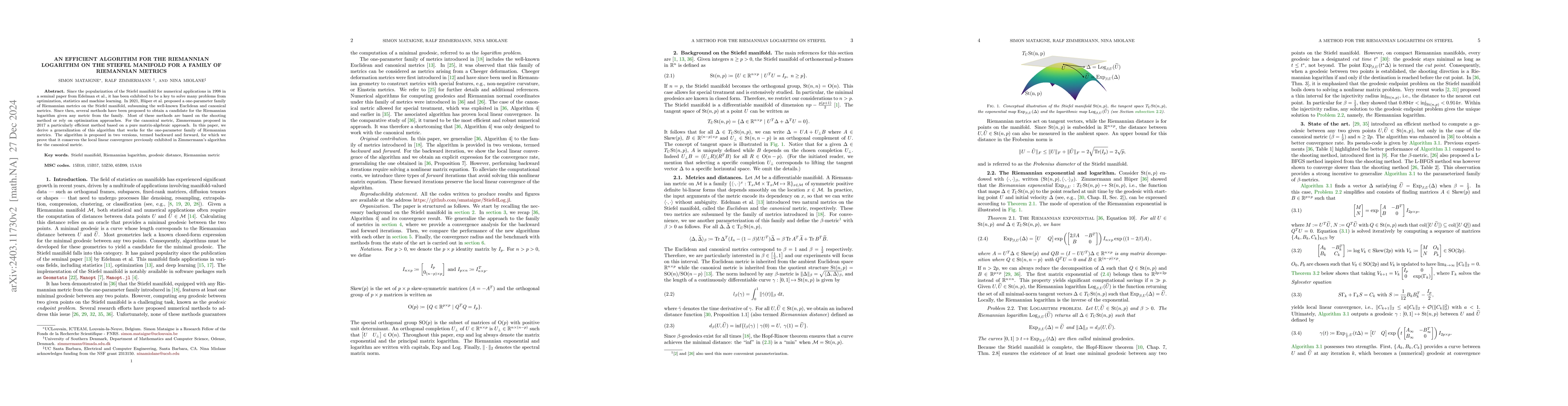 Thumbnail for An efficient algorithm for the Riemannian logarithm on the Stiefel
  manifold for a family of Riemannian metrics