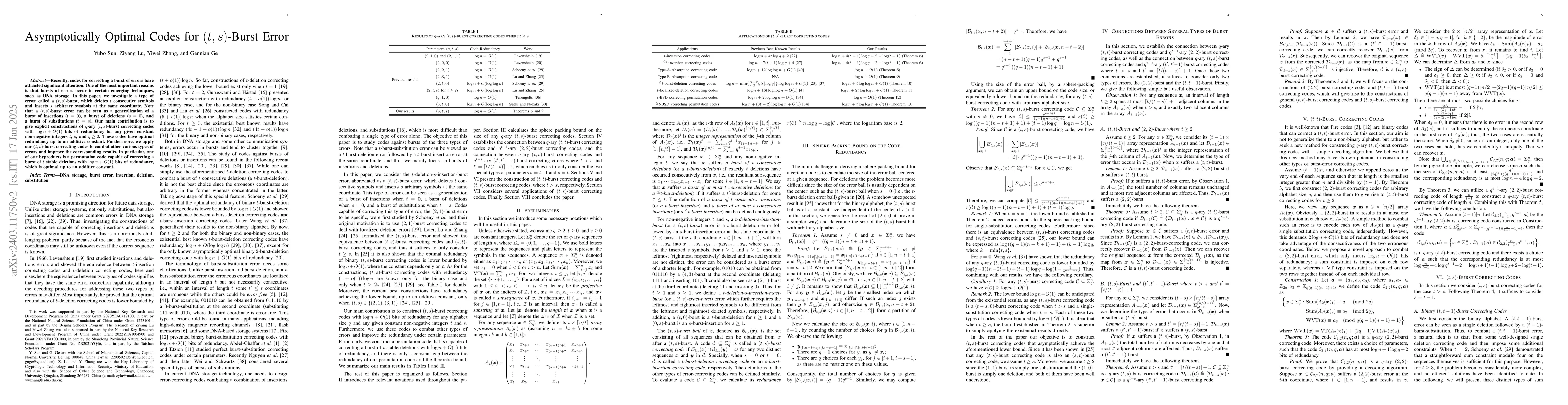 Thumbnail for Asymptotically Optimal Codes for $(t,s)$-Burst Error