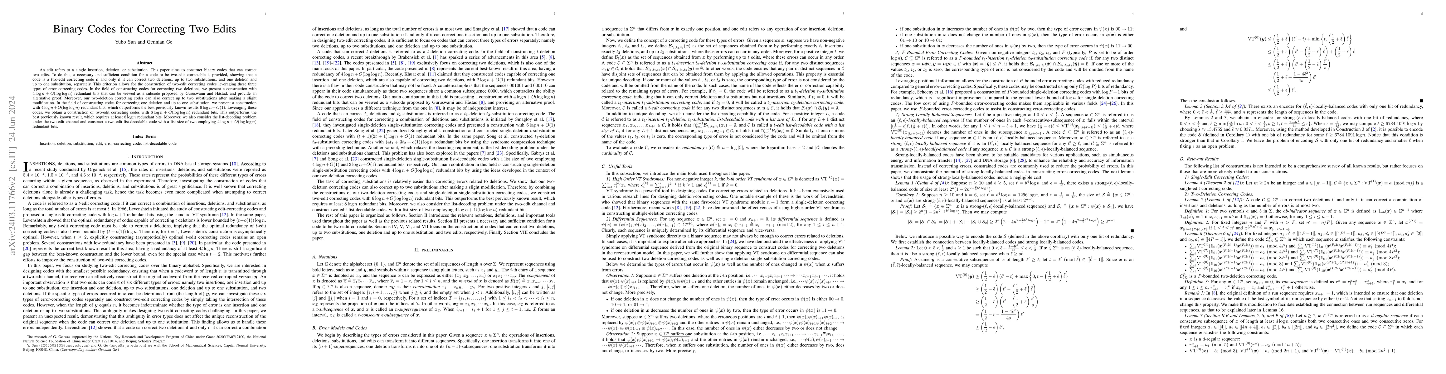 Thumbnail for Binary Codes for Correcting Two Edits