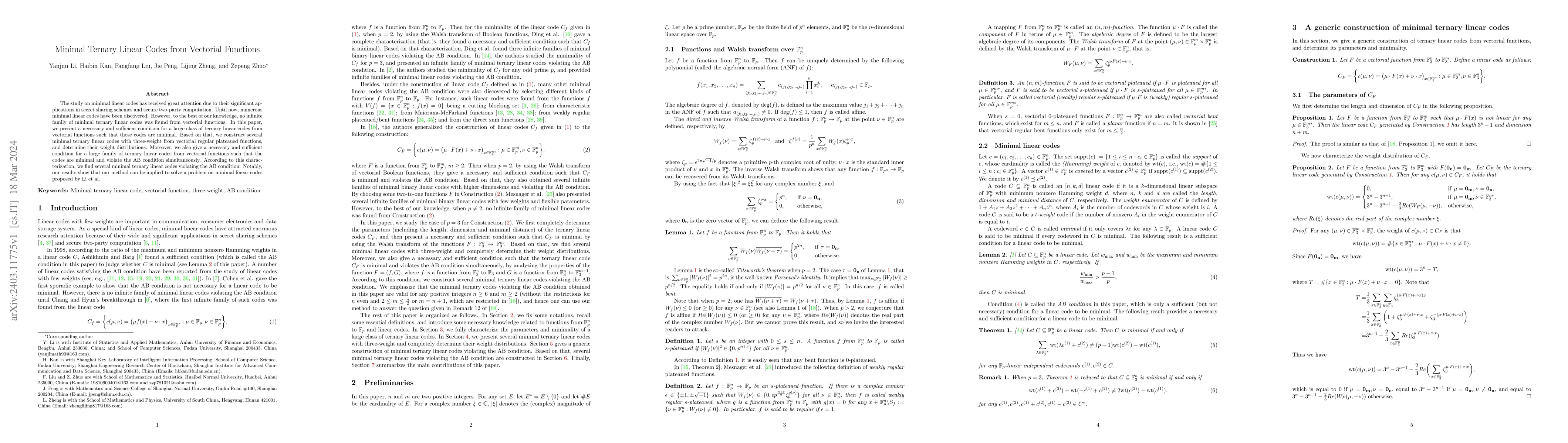 Thumbnail for Minimal Ternary Linear Codes from Vectorial Functions