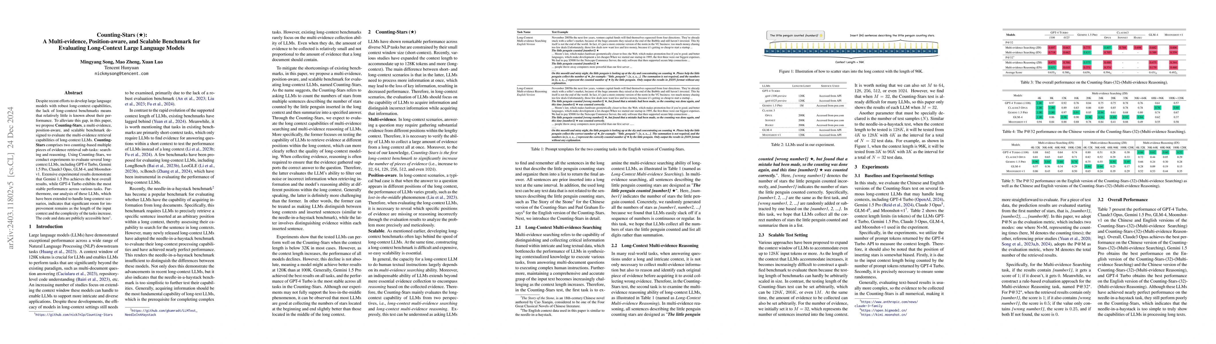 Thumbnail for Counting-Stars: A Multi-evidence, Position-aware, and Scalable Benchmark
  for Evaluating Long-Context Large Language Models
