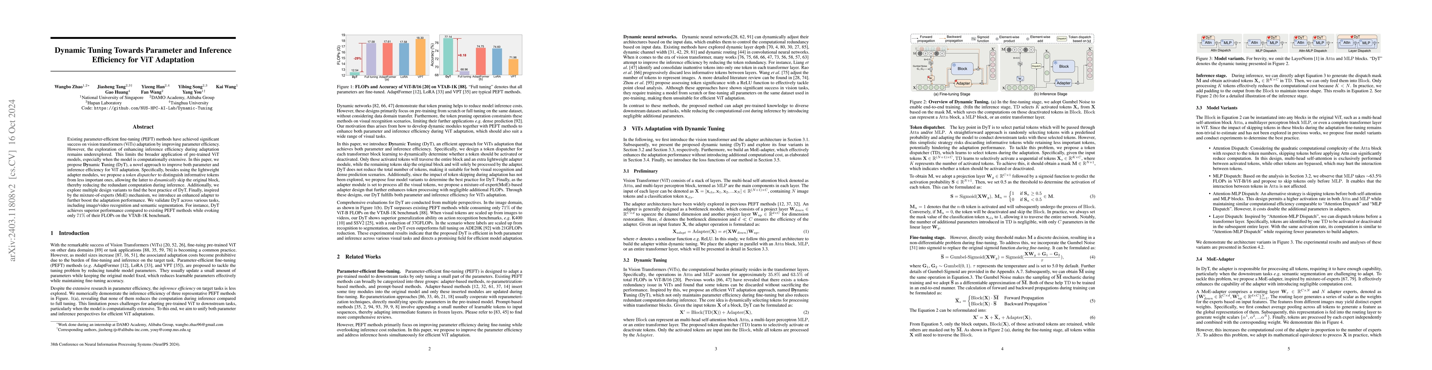 Thumbnail for Dynamic Tuning Towards Parameter and Inference Efficiency for ViT
  Adaptation