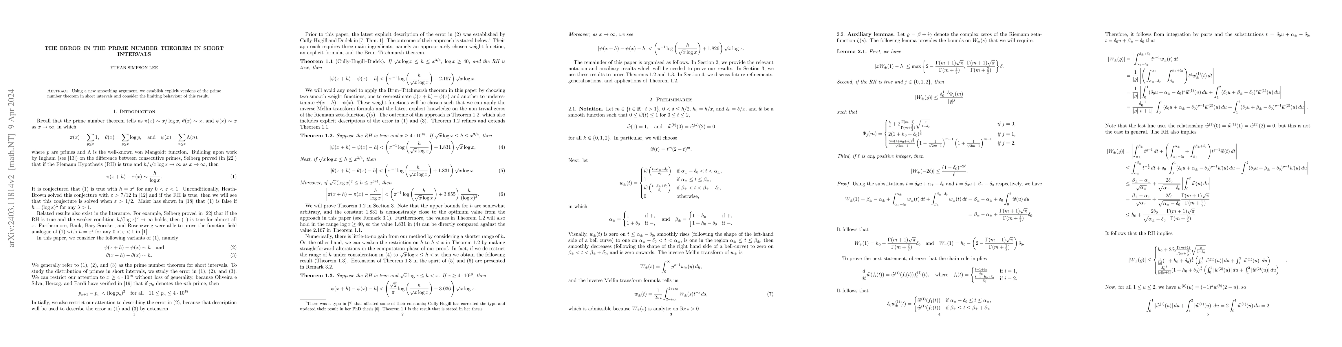 Thumbnail for The error in the prime number theorem in short intervals