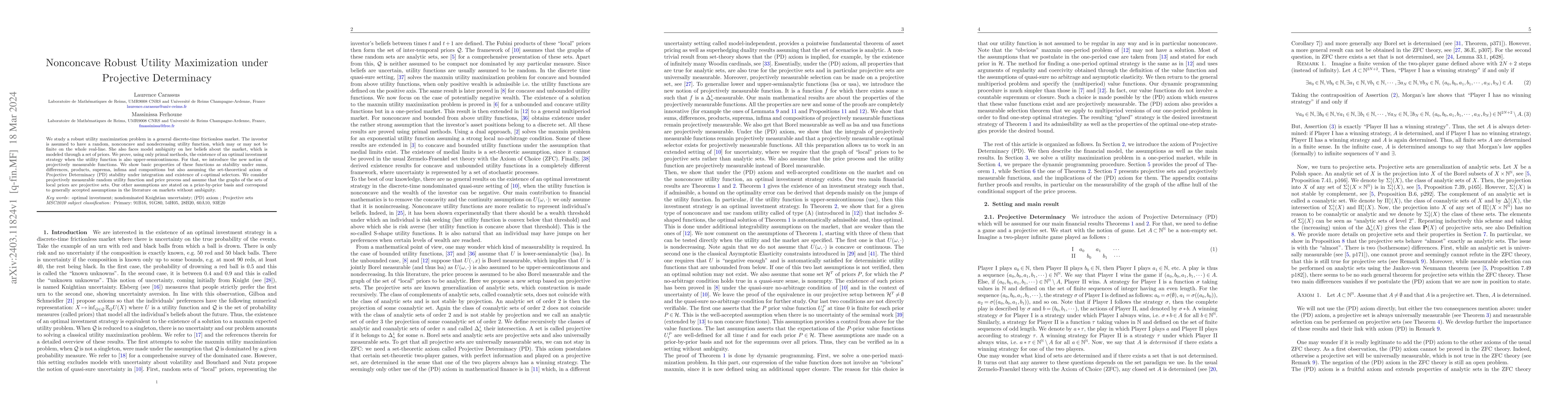 Thumbnail for Nonconcave Robust Utility Maximization under Projective Determinacy