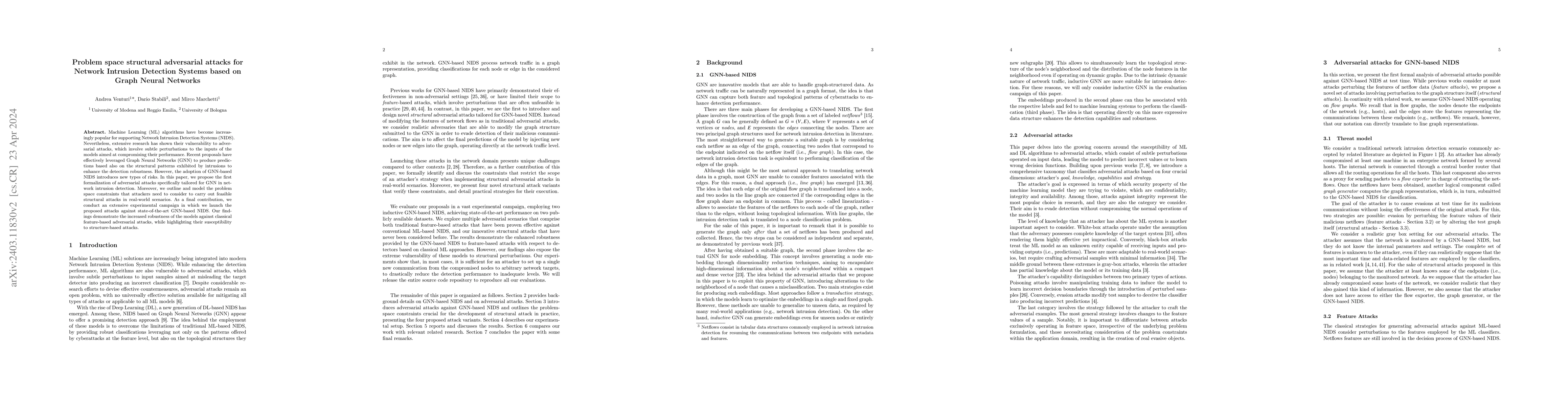 Thumbnail for Problem space structural adversarial attacks for Network Intrusion
  Detection Systems based on Graph Neural Networks