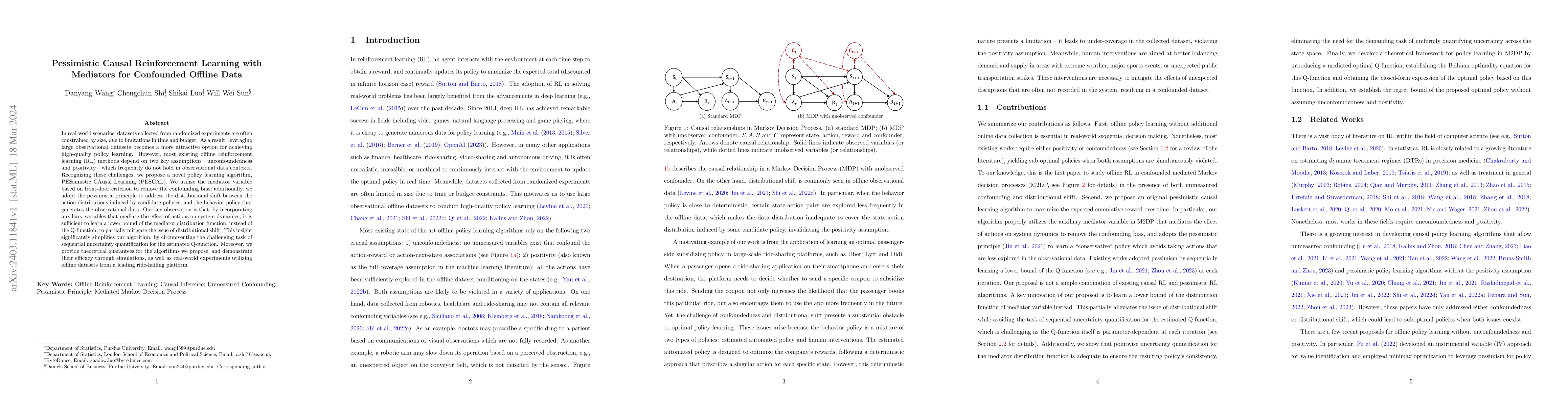 Thumbnail for Pessimistic Causal Reinforcement Learning with Mediators for Confounded
  Offline Data