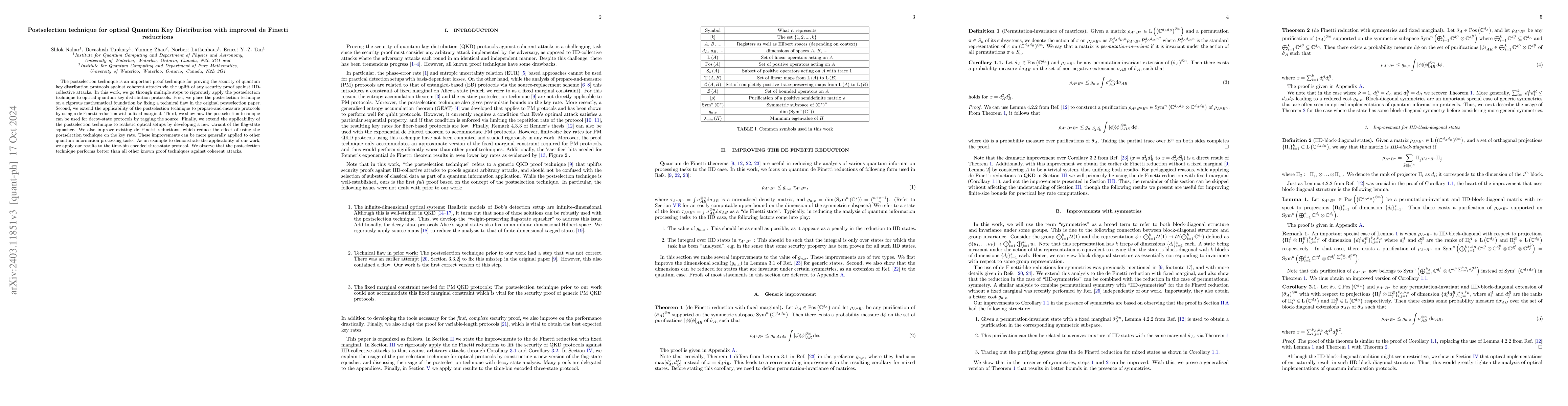 Thumbnail for Postselection technique for optical Quantum Key Distribution with
  improved de Finetti reductions