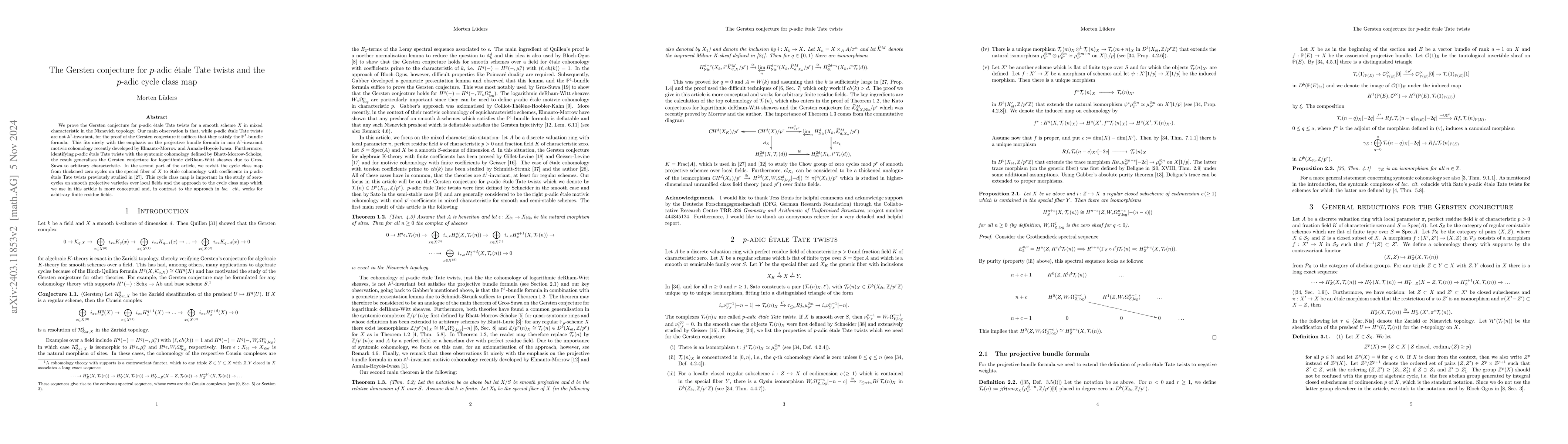 Thumbnail for The Gersten conjecture for $p$-adic \'etale Tate twists and the $p$-adic
  cycle class map