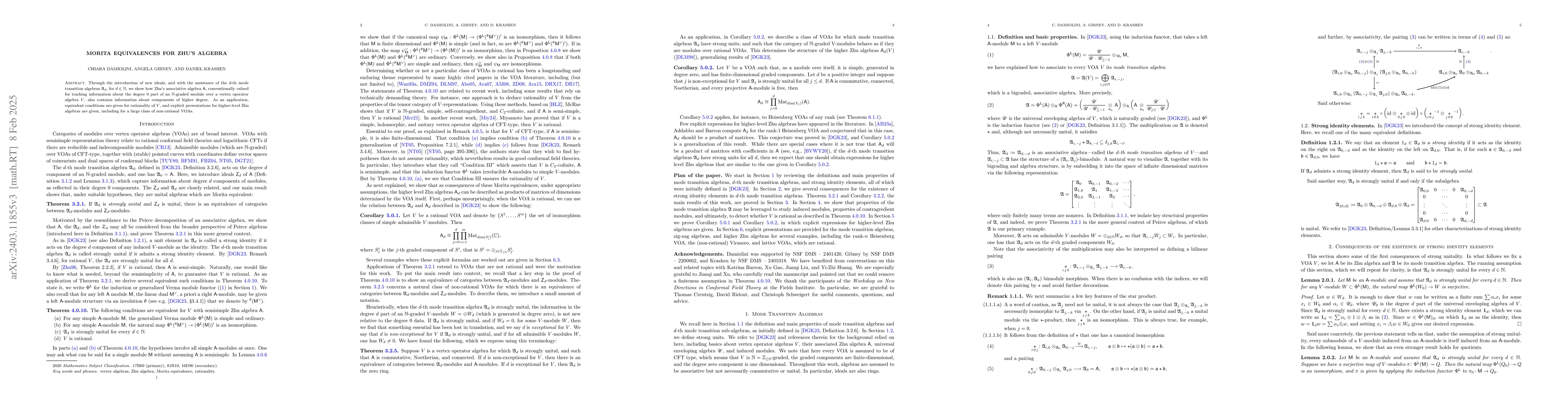 Thumbnail for Morita equivalences for Zhu's associative algebra and mode transition
  algebras