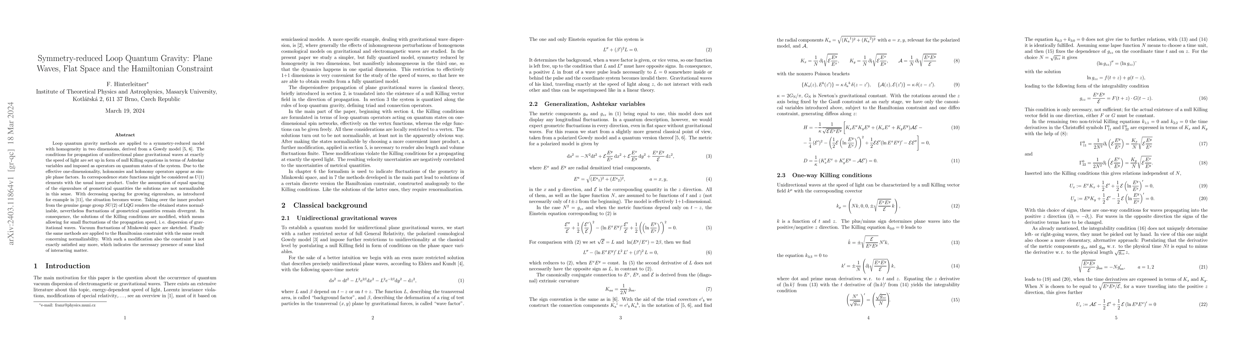 Thumbnail for Symmetry-reduced Loop Quantum Gravity: Plane Waves, Flat Space and the
  Hamiltonian Constraint