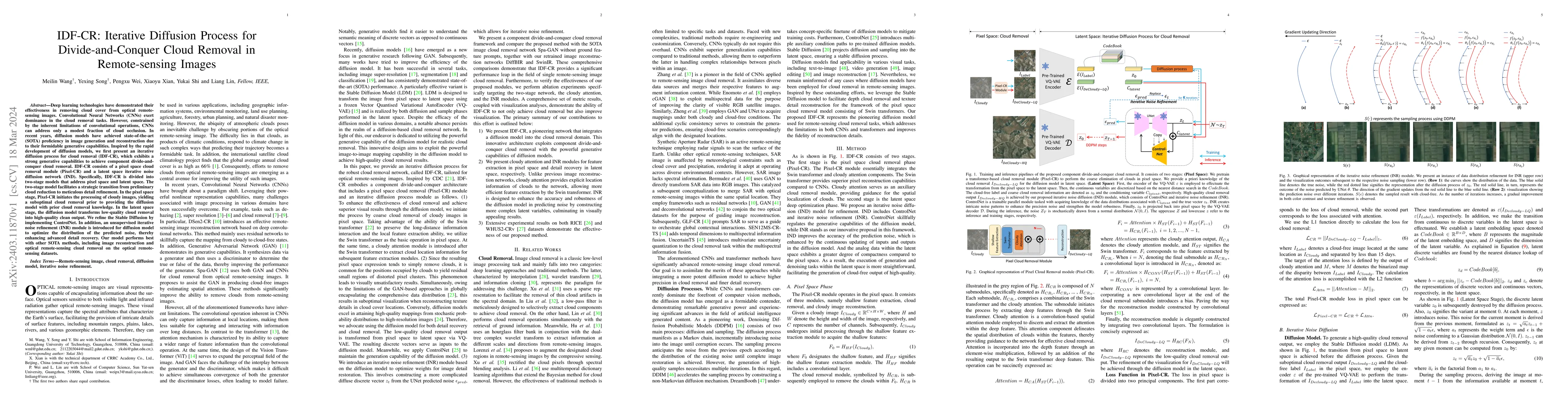 Thumbnail for IDF-CR: Iterative Diffusion Process for Divide-and-Conquer Cloud Removal
  in Remote-sensing Images