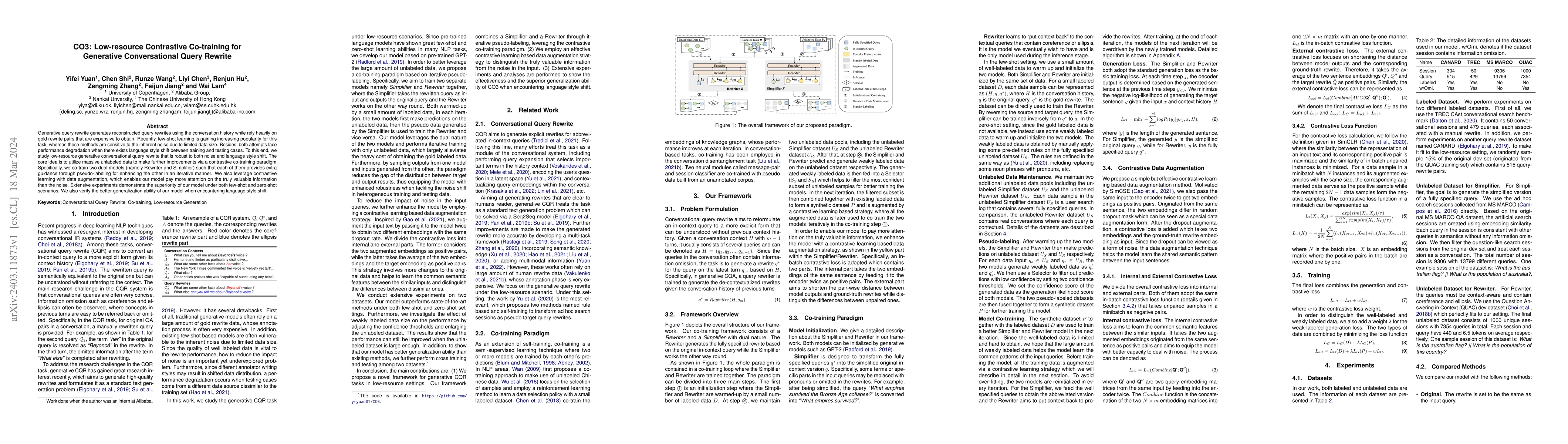 Thumbnail for CO3: Low-resource Contrastive Co-training for Generative Conversational
  Query Rewrite