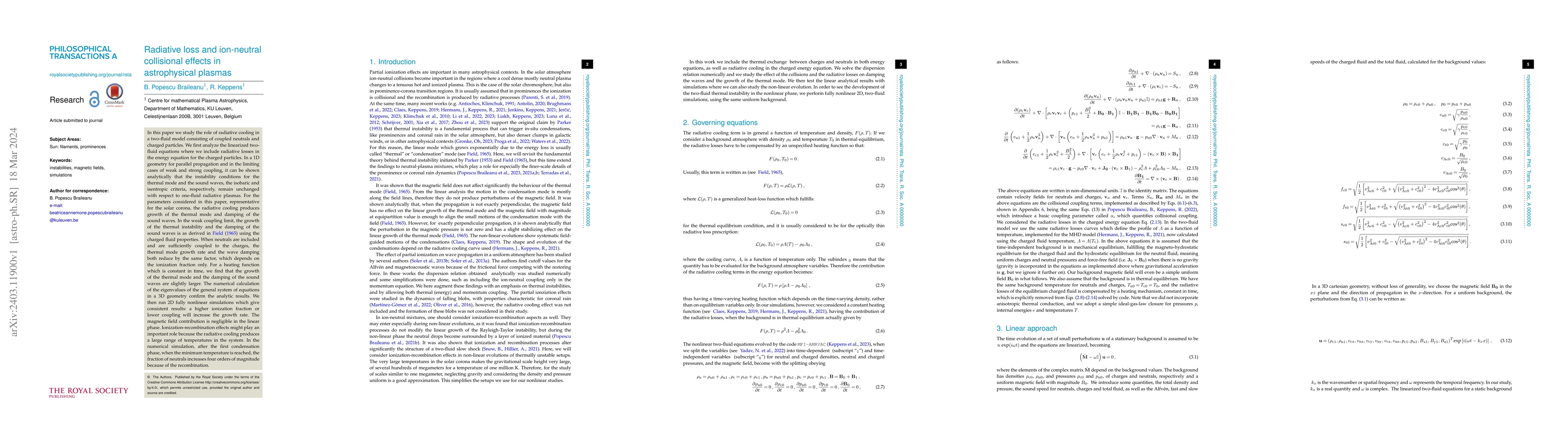 Thumbnail for Radiative loss and ion-neutral collisional effects in astrophysical
  plasmas