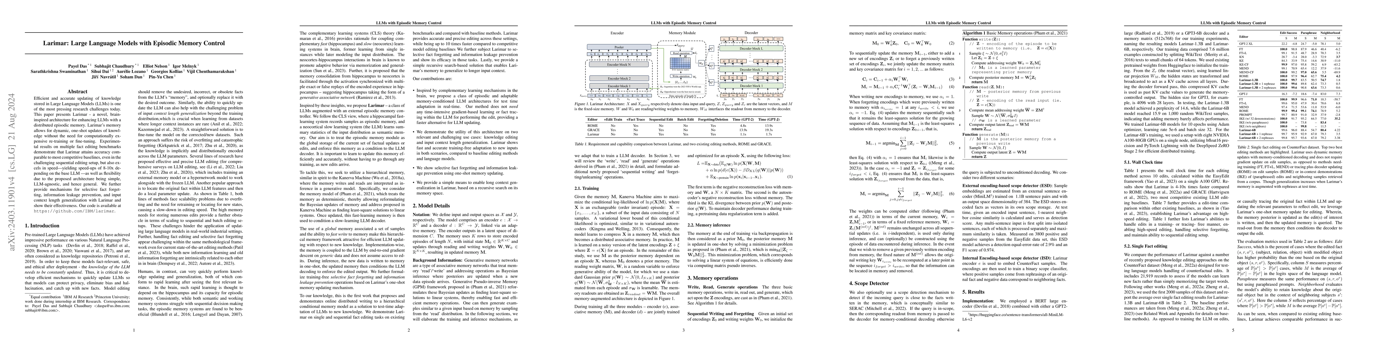 Thumbnail for Larimar: Large Language Models with Episodic Memory Control