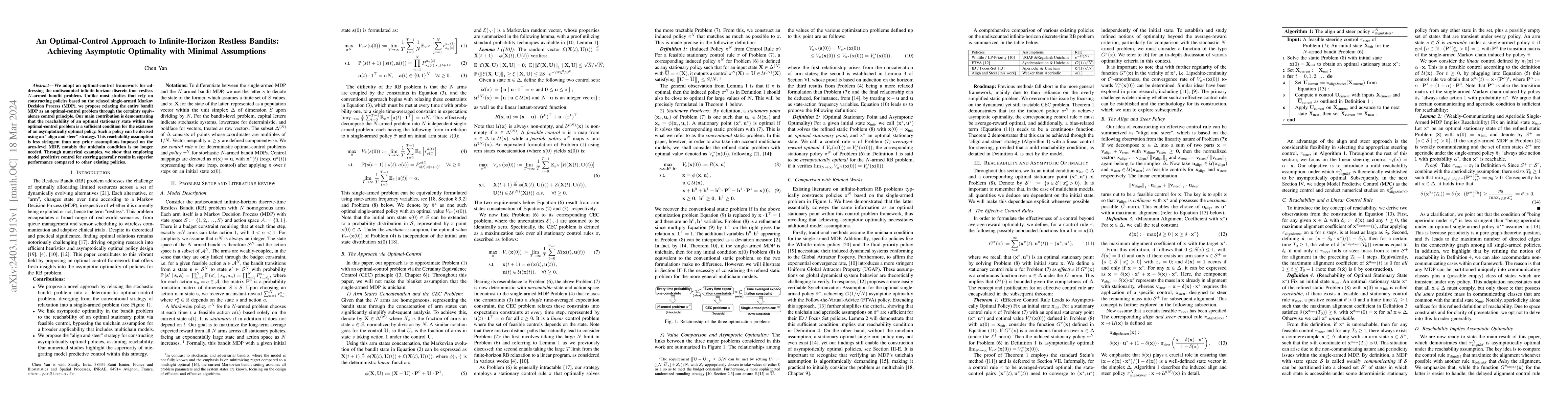 Thumbnail for An Optimal-Control Approach to Infinite-Horizon Restless Bandits:
  Achieving Asymptotic Optimality with Minimal Assumptions