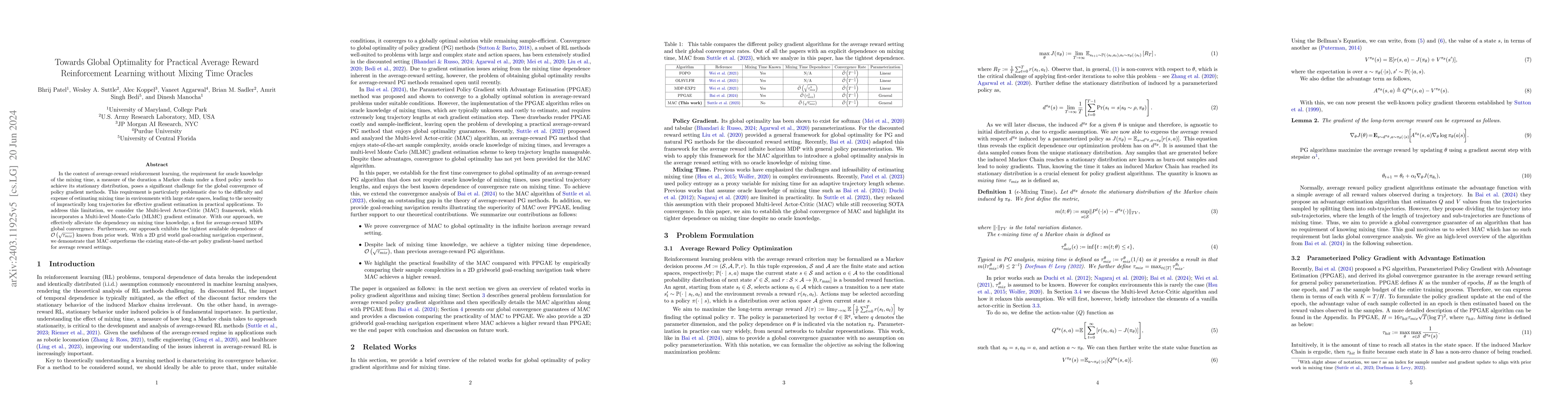 Thumbnail for Towards Global Optimality for Practical Average Reward Reinforcement
  Learning without Mixing Time Oracles