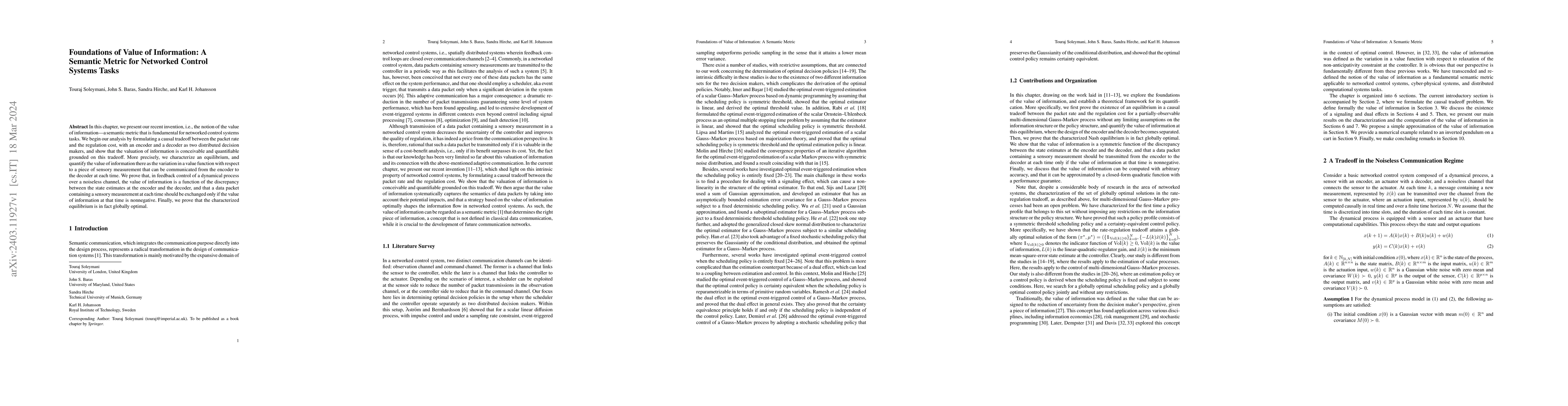 Thumbnail for Foundations of Value of Information: A Semantic Metric for Networked
  Control Systems Tasks