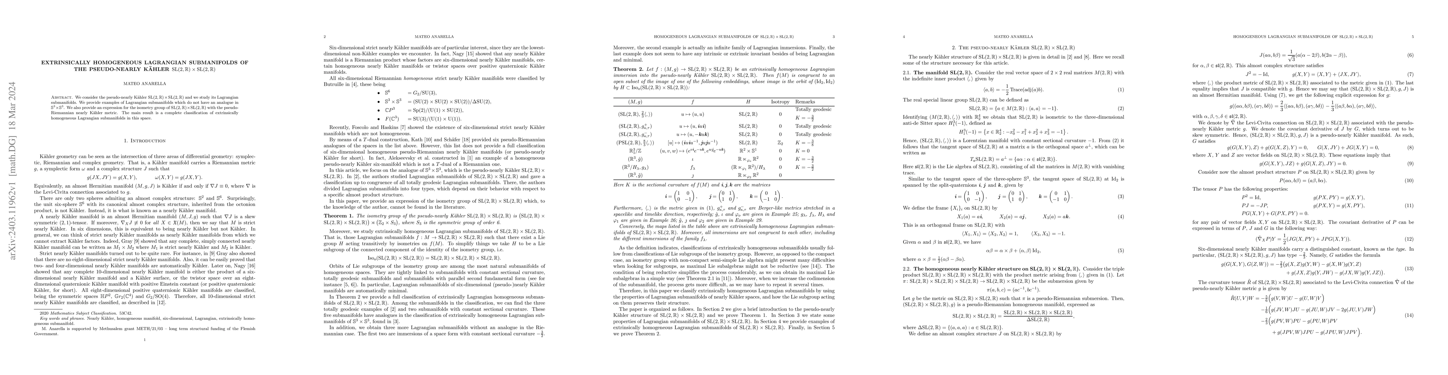 Thumbnail for Extrinsically homogeneous Lagrangian submanifolds of the pseudo-nearly
  K\"ahler $\mathrm{SL}(2,\mathbb{R})\times\mathrm{SL}(2,\mathbb{R})$