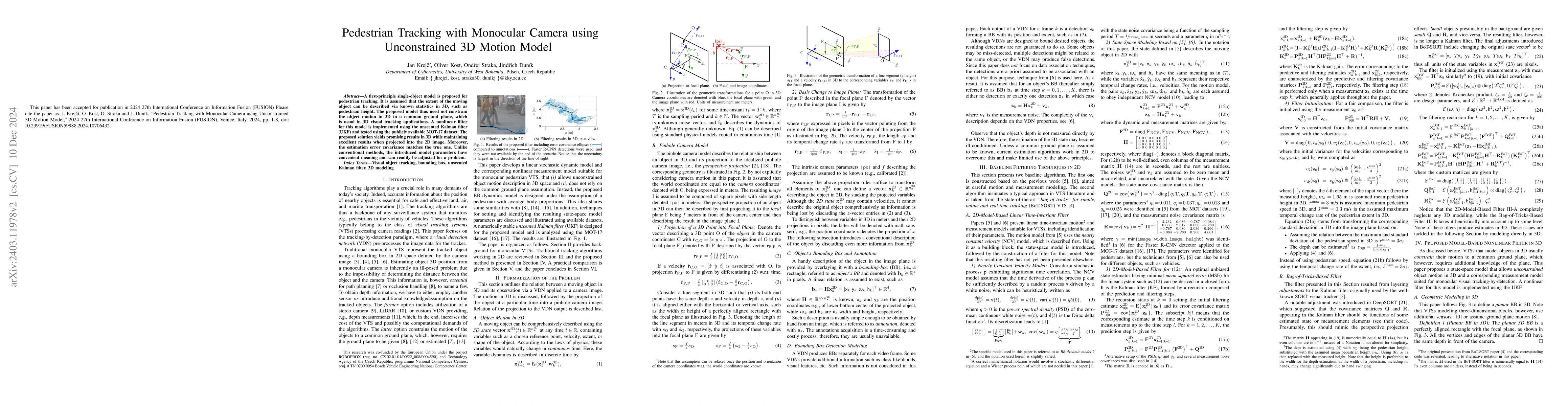 Thumbnail for Pedestrian Tracking with Monocular Camera using Unconstrained 3D Motion
  Model