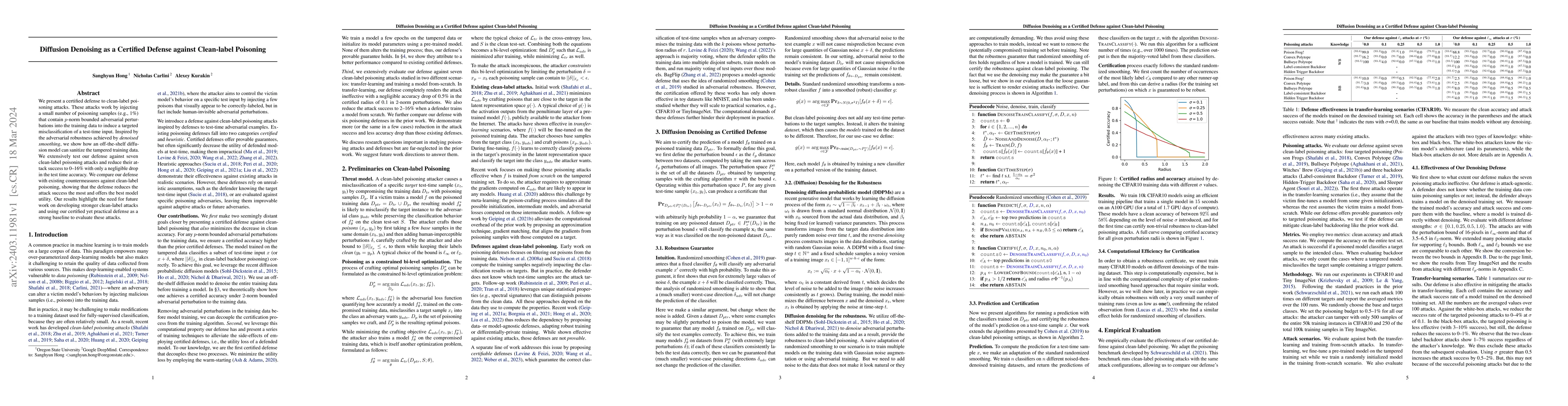 Thumbnail for Diffusion Denoising as a Certified Defense against Clean-label Poisoning