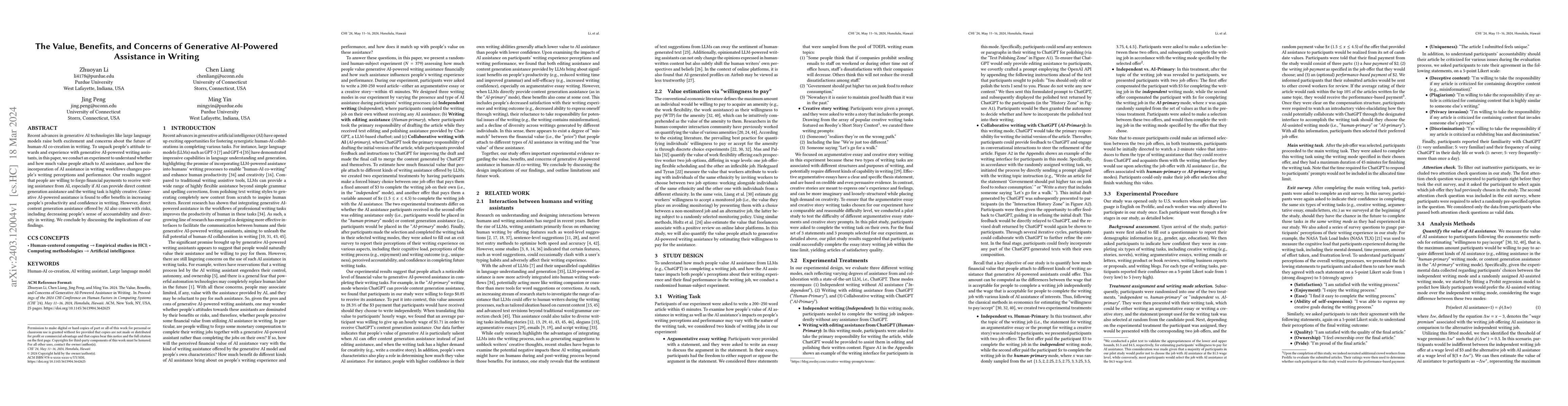 Thumbnail for The Value, Benefits, and Concerns of Generative AI-Powered Assistance in
  Writing