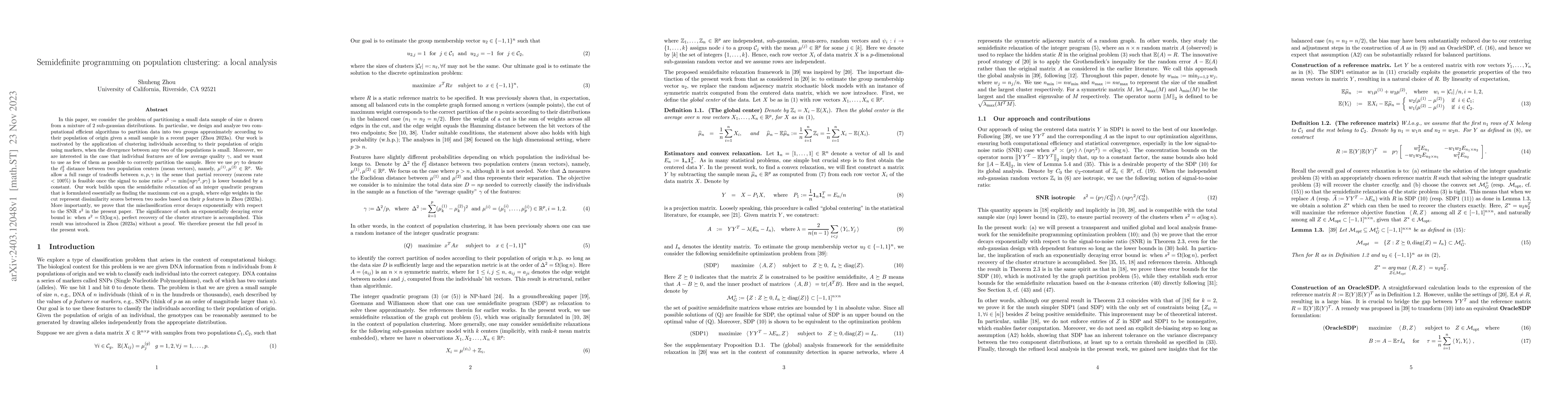 Thumbnail for Semidefinite programming on population clustering: a local analysis