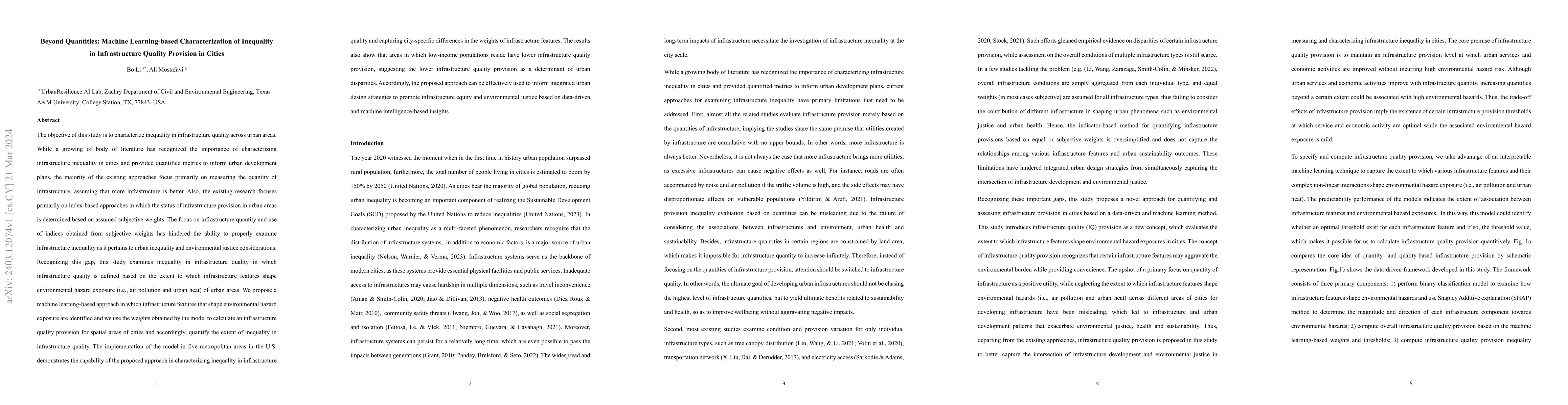 Thumbnail for Beyond Quantities: Machine Learning-based Characterization of Inequality
  in Infrastructure Quality Provision in Cities