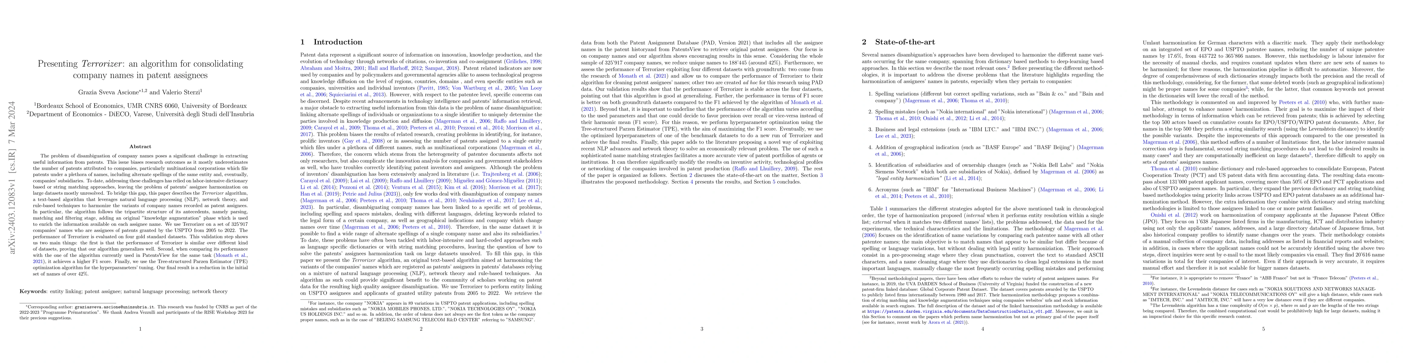 Thumbnail for Presenting Terrorizer: an algorithm for consolidating company names in
  patent assignees