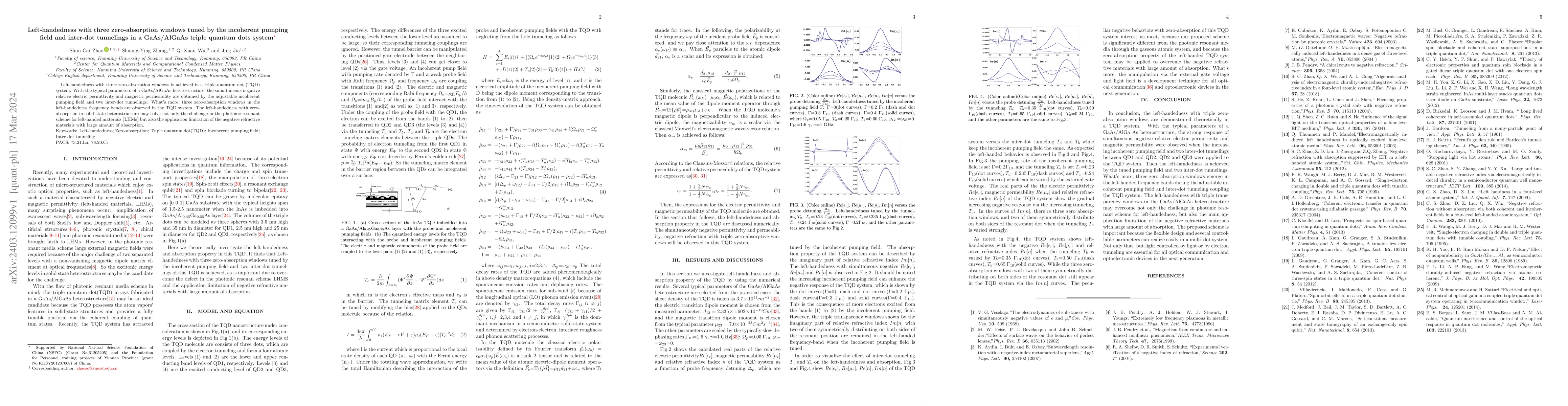 Thumbnail for Left-handedness with three zero-absorption windows tuned by the
  incoherent pumping field and inter-dot tunnelings in a GaAs/AlGaAs triple
  quantum dots system