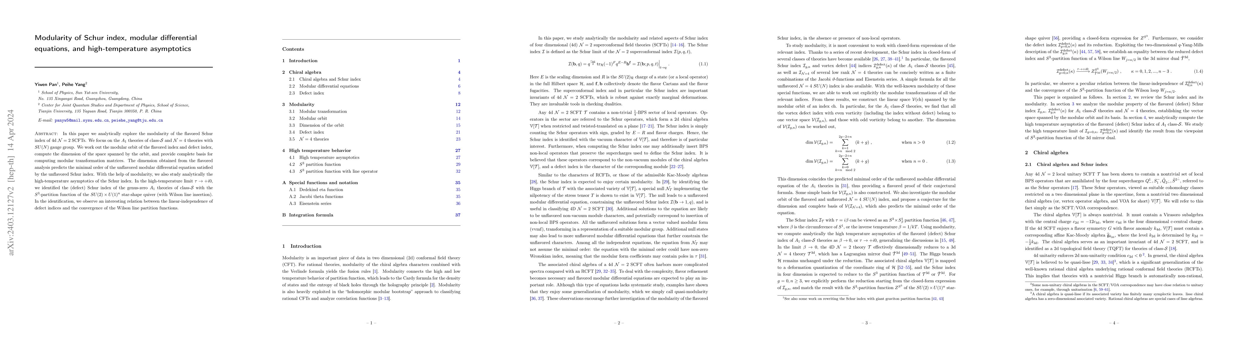 Thumbnail for Modularity of Schur index, modular differential equations, and
  high-temperature asymptotics