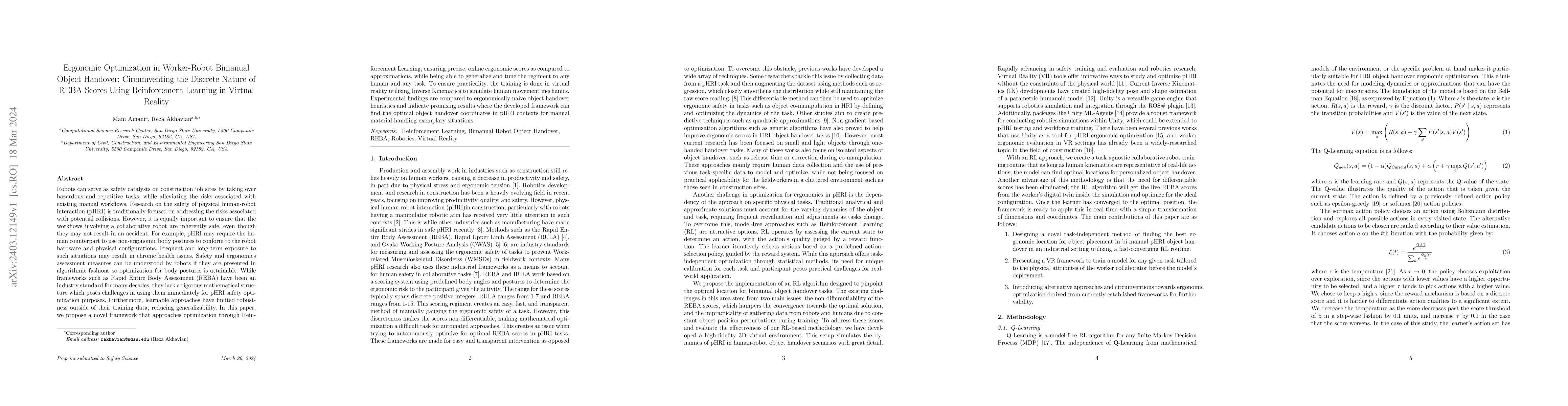 Thumbnail for Ergonomic Optimization in Worker-Robot Bimanual Object Handover:
  Implementing REBA Using Reinforcement Learning in Virtual Reality