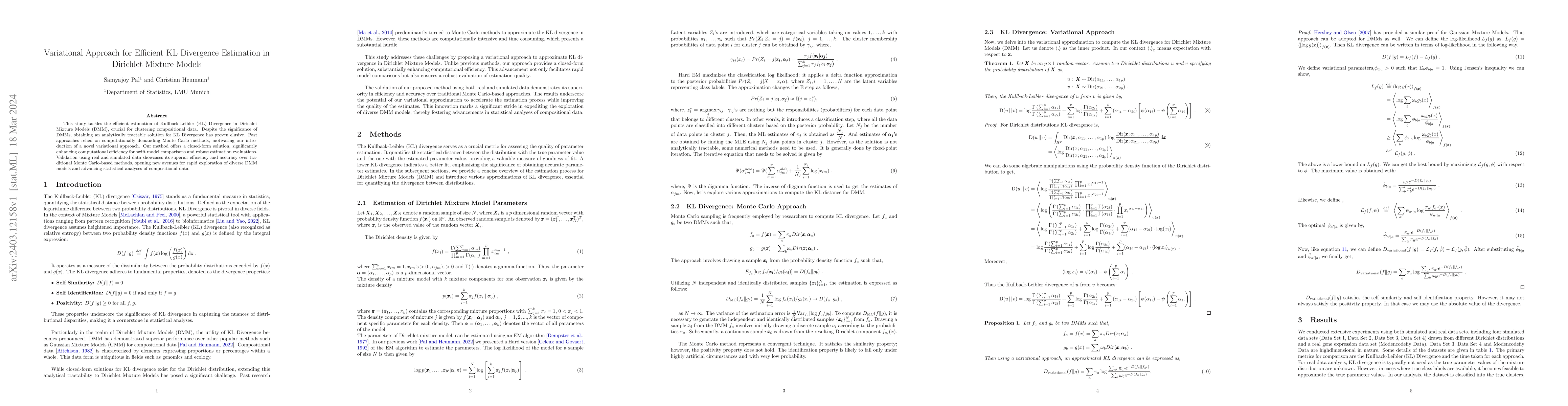 Thumbnail for Variational Approach for Efficient KL Divergence Estimation in Dirichlet
  Mixture Models