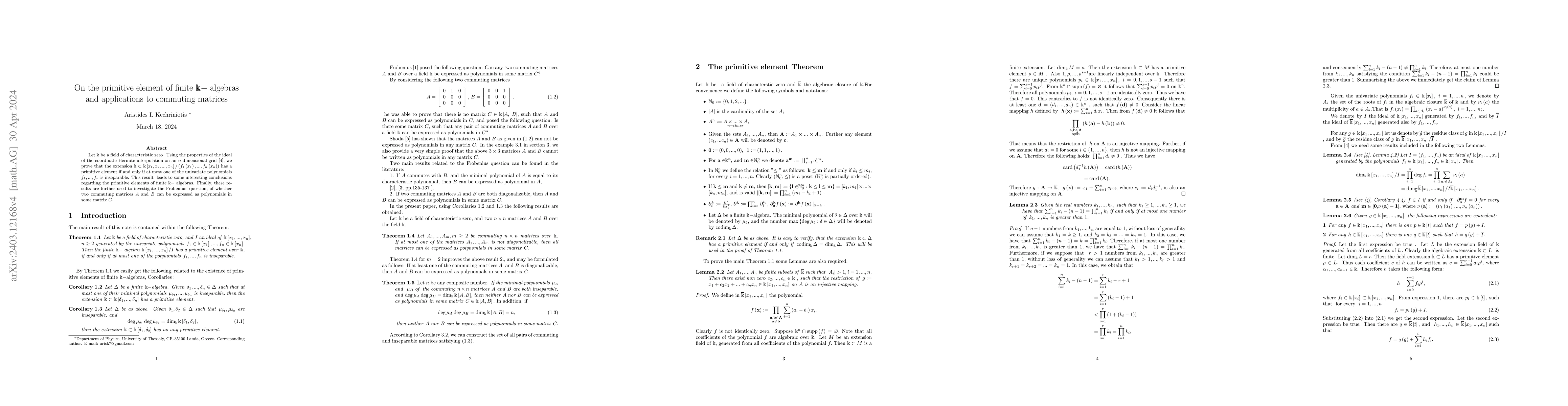 Thumbnail for On primitive element of finite k-algebras and applications to commuting
  matrices