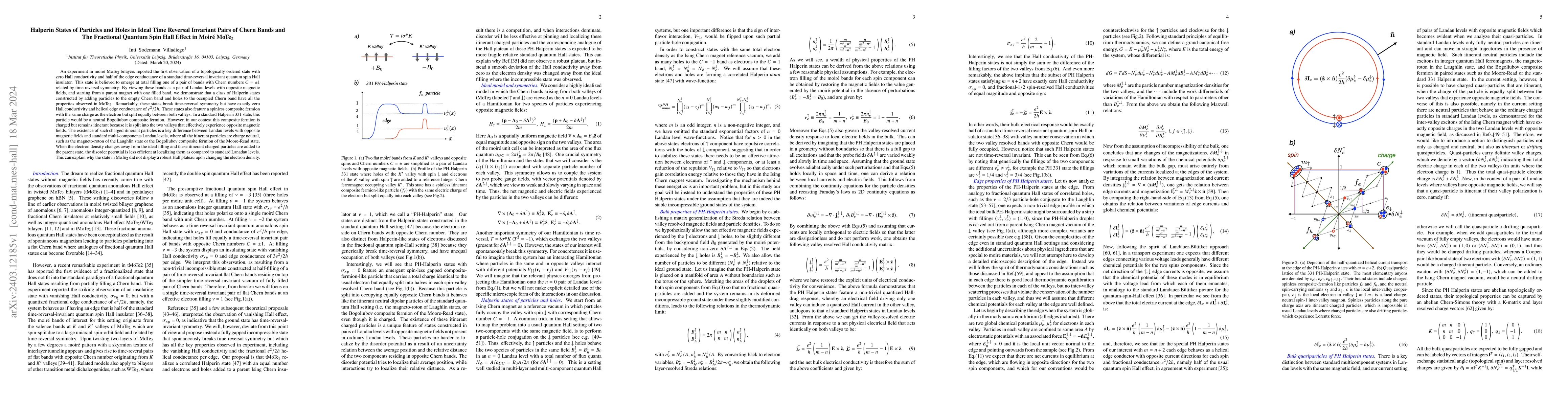 Thumbnail for Halperin States of Particles and Holes in Ideal Time Reversal Invariant
  Pairs of Chern Bands and The Fractional Quantum Spin Hall Effect in Moir\'e
  MoTe$_2$