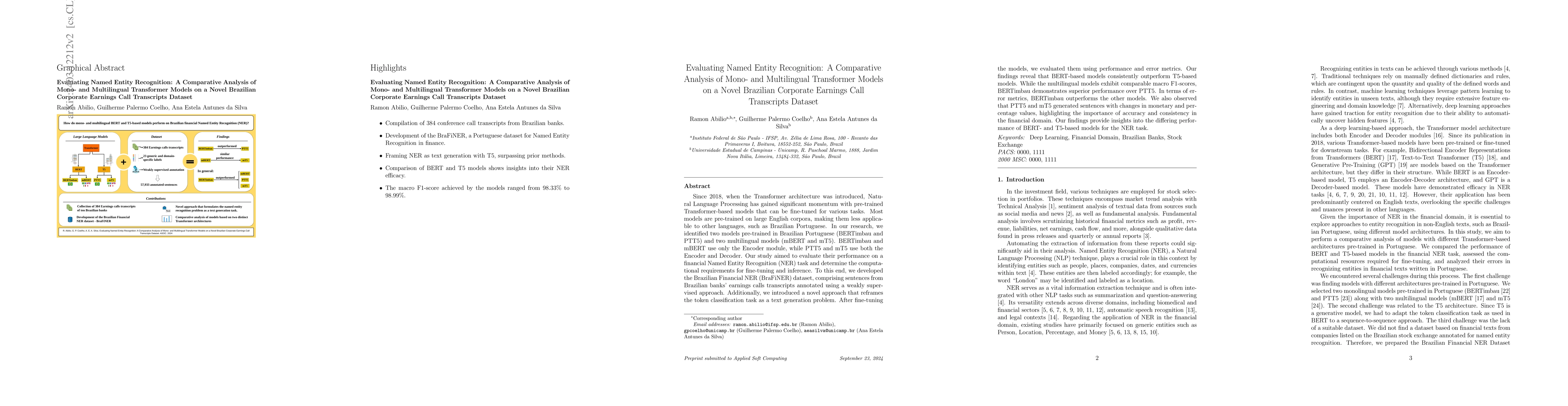Thumbnail for Evaluating Named Entity Recognition: Comparative Analysis of Mono- and
  Multilingual Transformer Models on Brazilian Corporate Earnings Call
  Transcriptions
