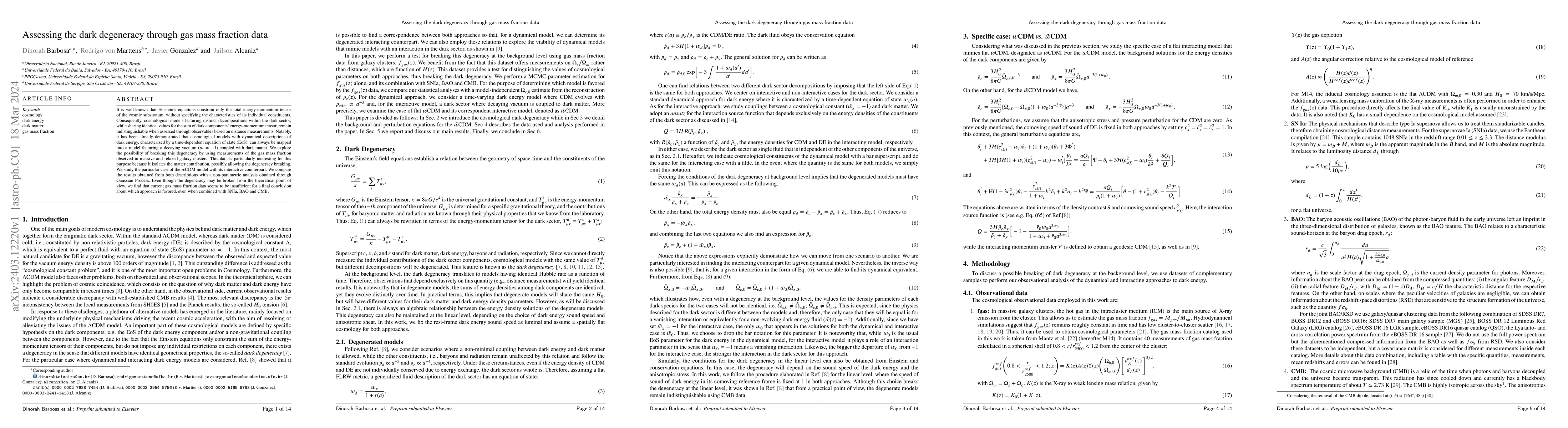 Thumbnail for Assessing the dark degeneracy through the gas mass fraction data