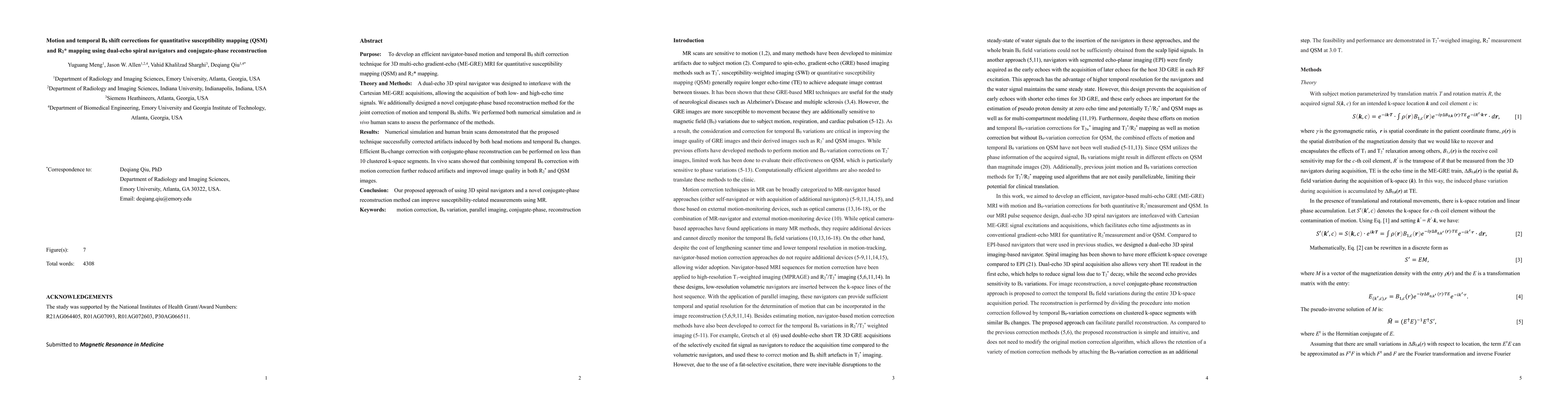 Thumbnail for Motion and temporal B0 shift corrections for quantitative susceptibility
  mapping (QSM) and R2* mapping using dual-echo spiral navigators and
  conjugate-phase reconstruction