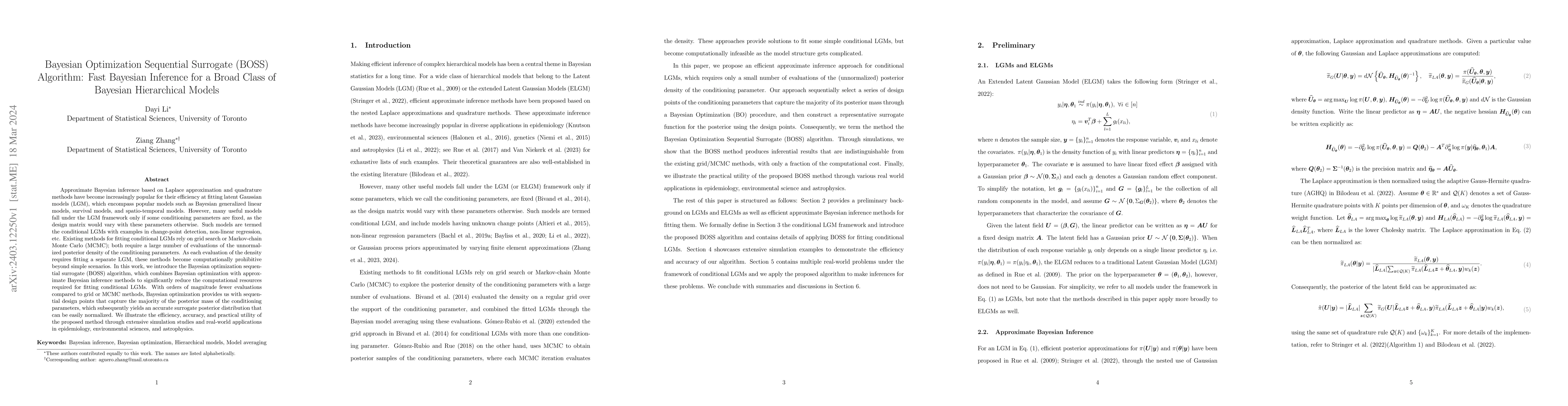 Thumbnail for Bayesian Optimization Sequential Surrogate (BOSS) Algorithm: Fast
  Bayesian Inference for a Broad Class of Bayesian Hierarchical Models