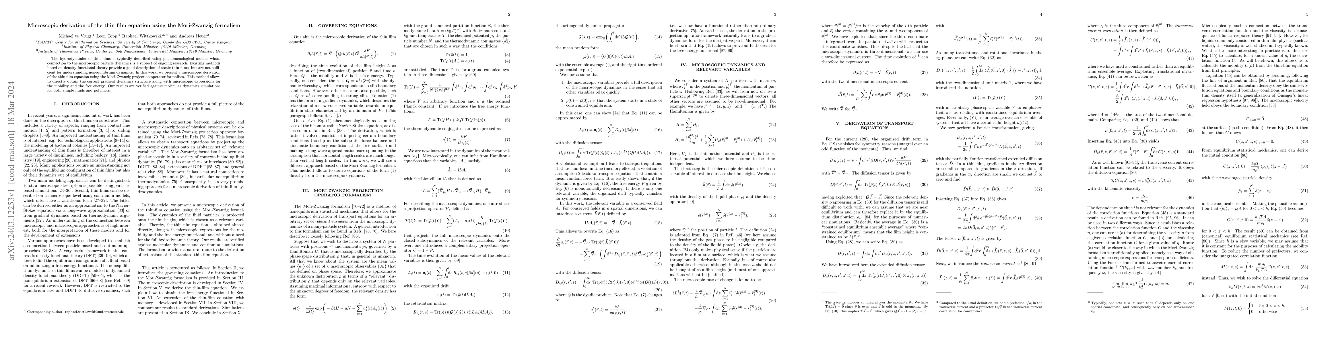 Thumbnail for Microscopic derivation of the thin film equation using the Mori-Zwanzig
  formalism