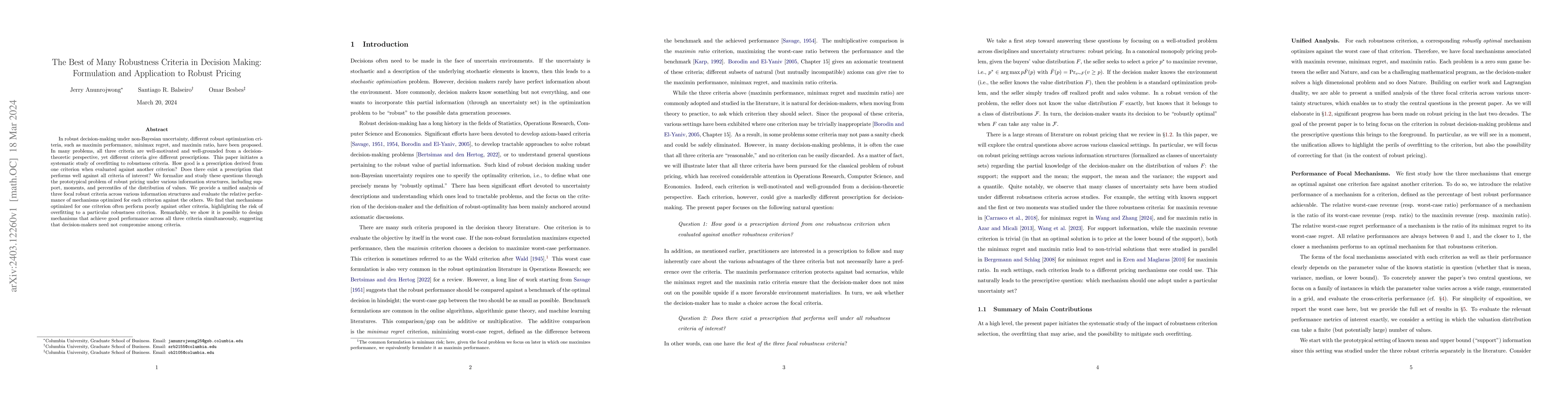 Thumbnail for The Best of Many Robustness Criteria in Decision Making: Formulation and
  Application to Robust Pricing