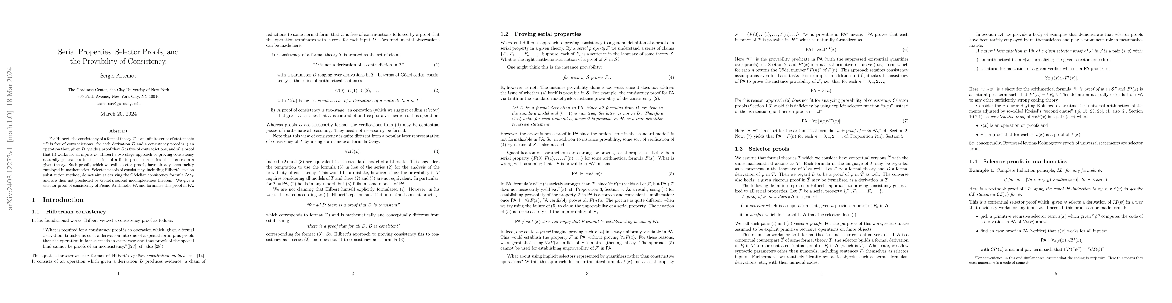 Thumbnail for Serial Properties, Selector Proofs, and the Provability of Consistency
