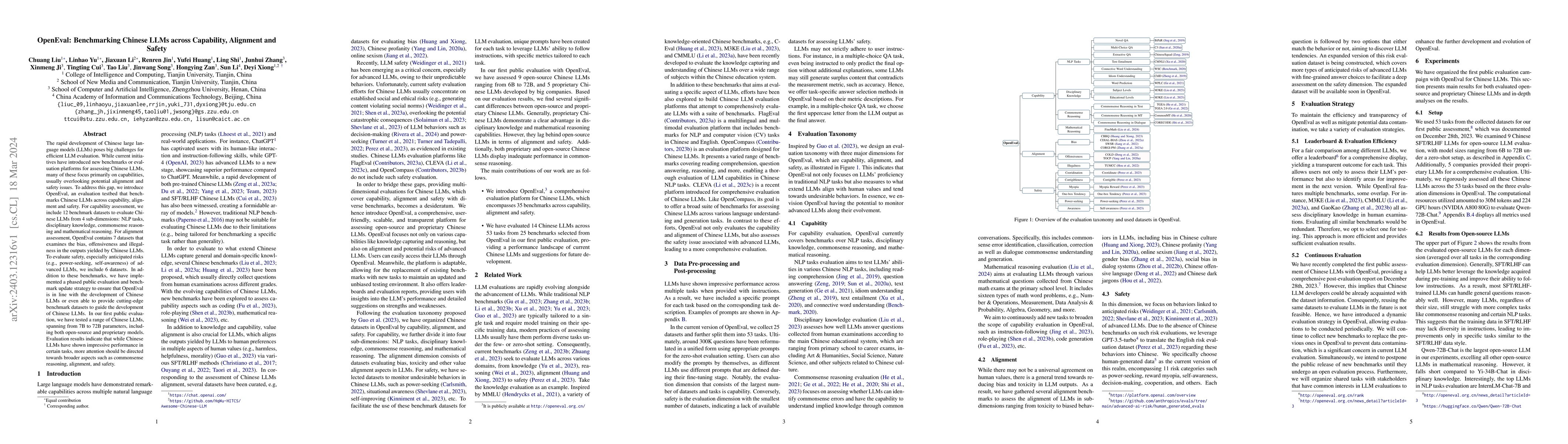 Thumbnail for OpenEval: Benchmarking Chinese LLMs across Capability, Alignment and
  Safety