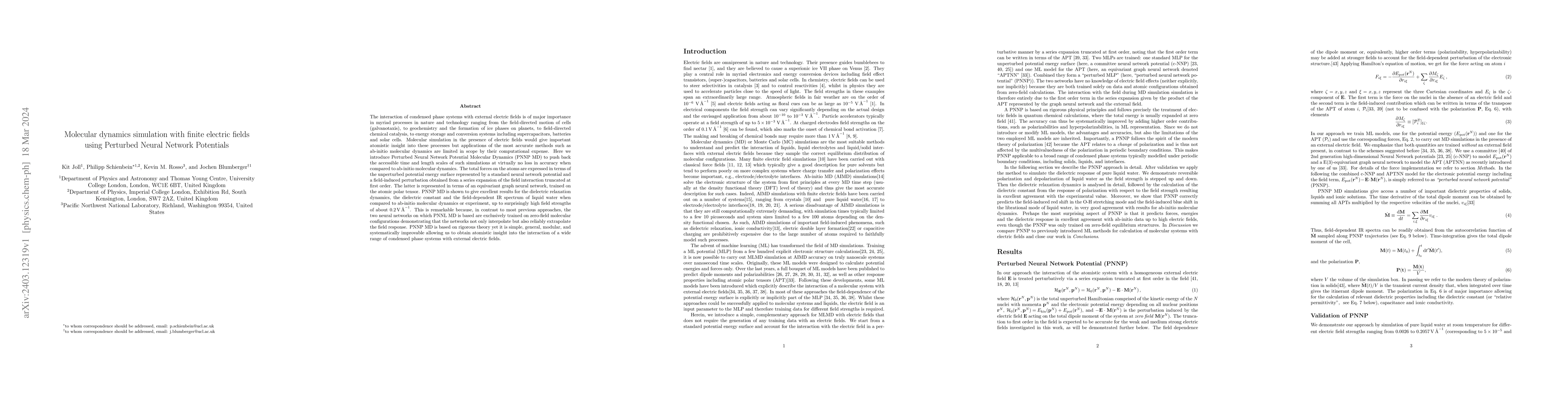 Thumbnail for Molecular dynamics simulation with finite electric fields using
  Perturbed Neural Network Potentials