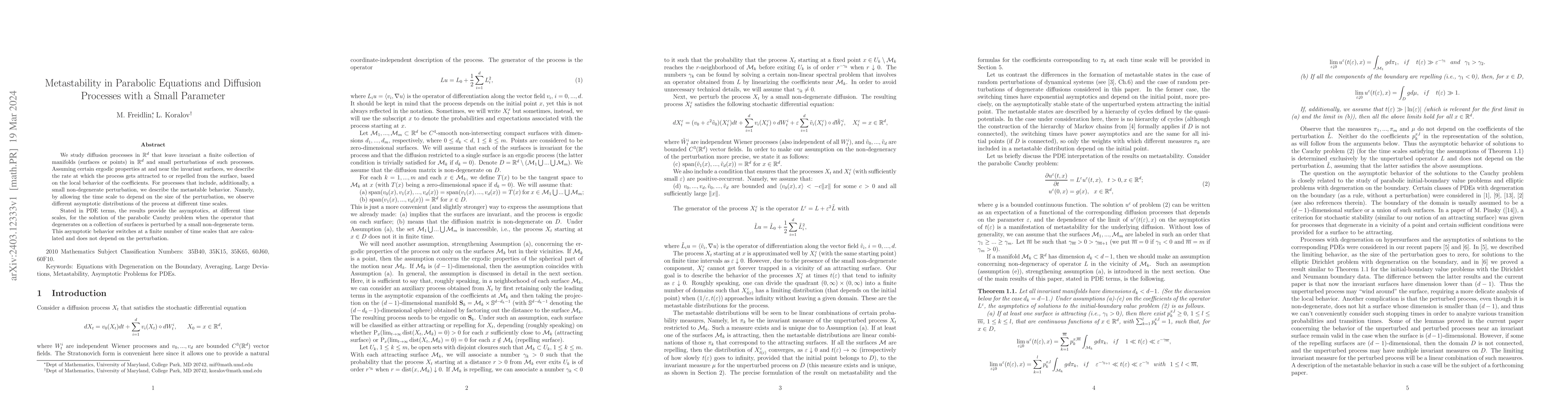 Thumbnail for Metastability in Parabolic Equations and Diffusion Processes with a
  Small Parameter